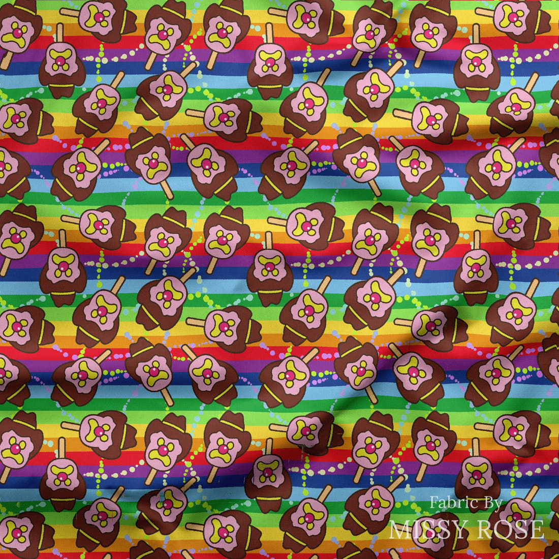 Design 115 Rainbow Ice Cream Fabric draped fabric mockup – custom printed fabric by the metre | Fabric by Missy Rose