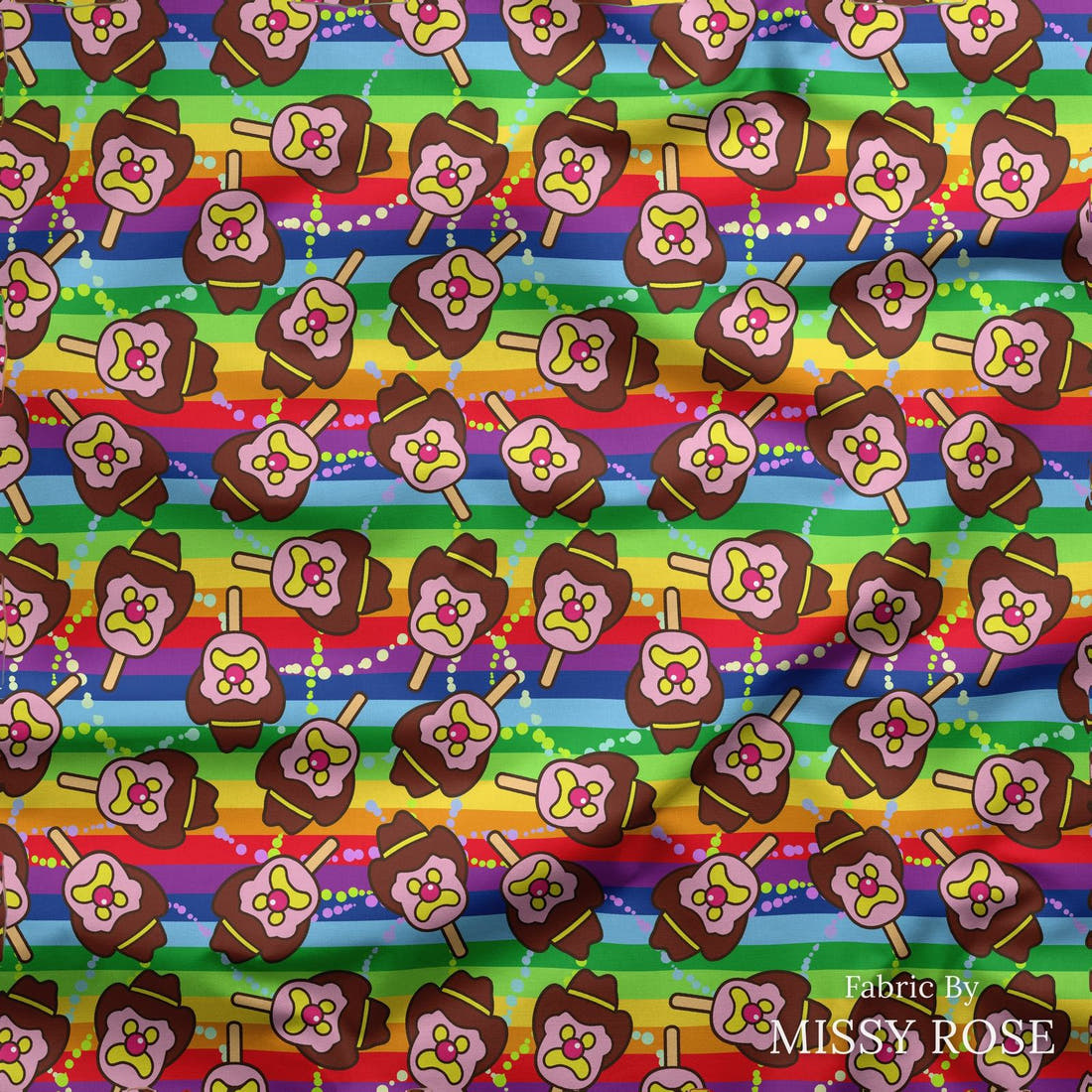 Design 115 Rainbow Ice Cream Fabric draped fabric mockup – custom printed fabric by the metre | Fabric by Missy Rose