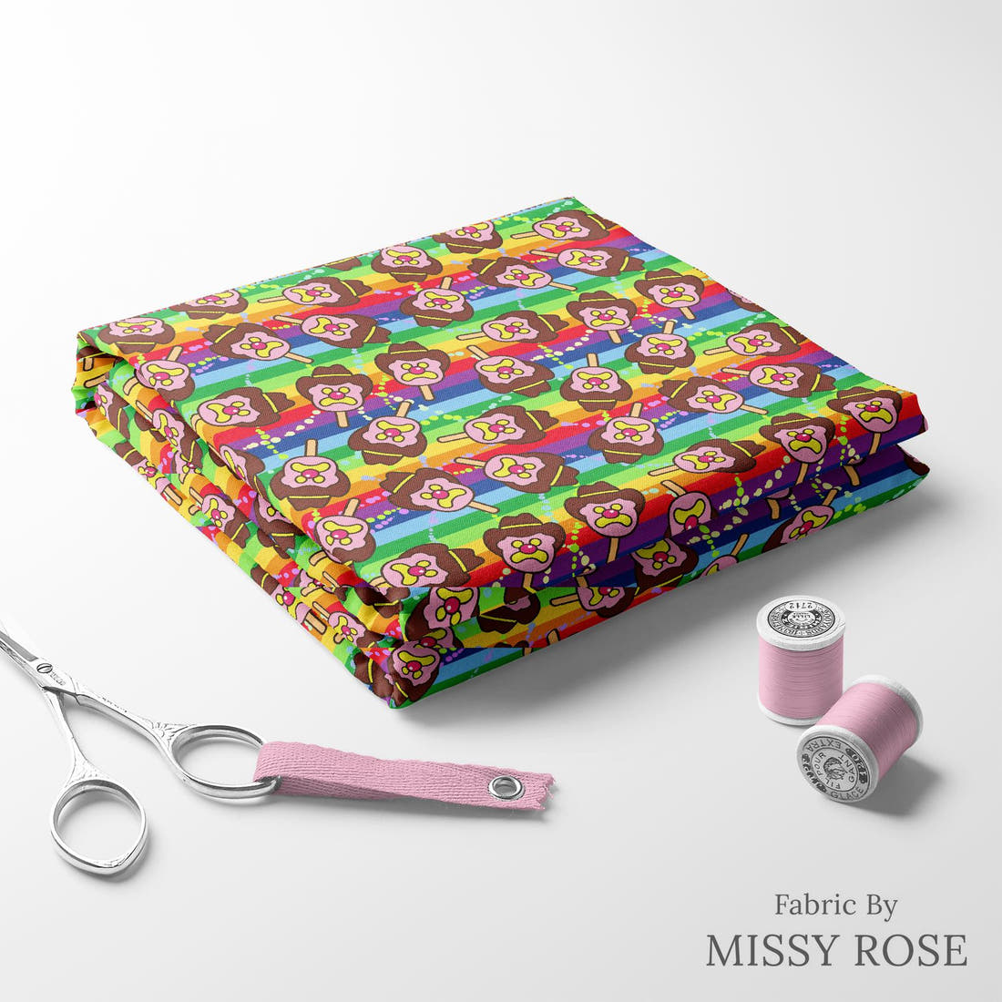 Design 115 Rainbow Ice Cream Fabric folded fabric stack with matching thread – pre-order fabric Australia | Fabric by Missy Rose