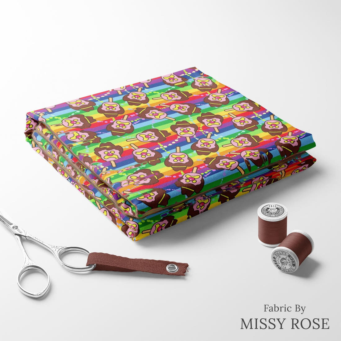 Design 115 Rainbow Ice Cream Fabric folded fabric stack with matching thread – pre-order fabric Australia | Fabric by Missy Rose