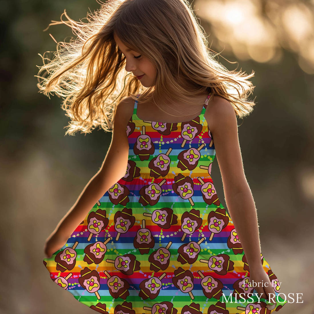 Design 115 Rainbow Ice Cream Fabric sewn into a girls' dress – see how the print looks made up | Fabric by Missy Rose