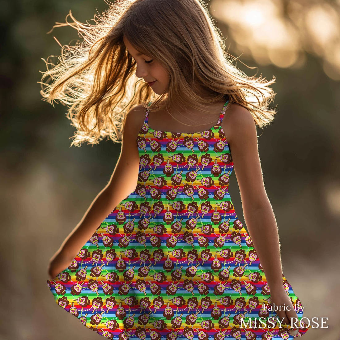 Design 115 Rainbow Ice Cream Fabric sewn into a girls' dress – see how the print looks made up | Fabric by Missy Rose
