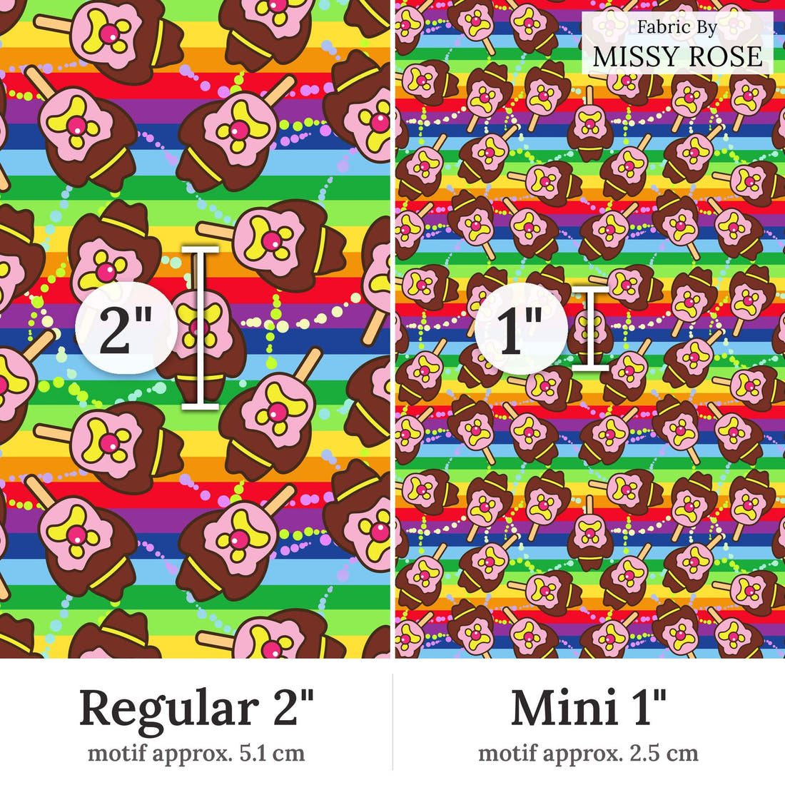 Design 115 Rainbow Ice Cream Fabric Regular 2 inch vs Mini 1 inch print scale side by side | Fabric by Missy Rose