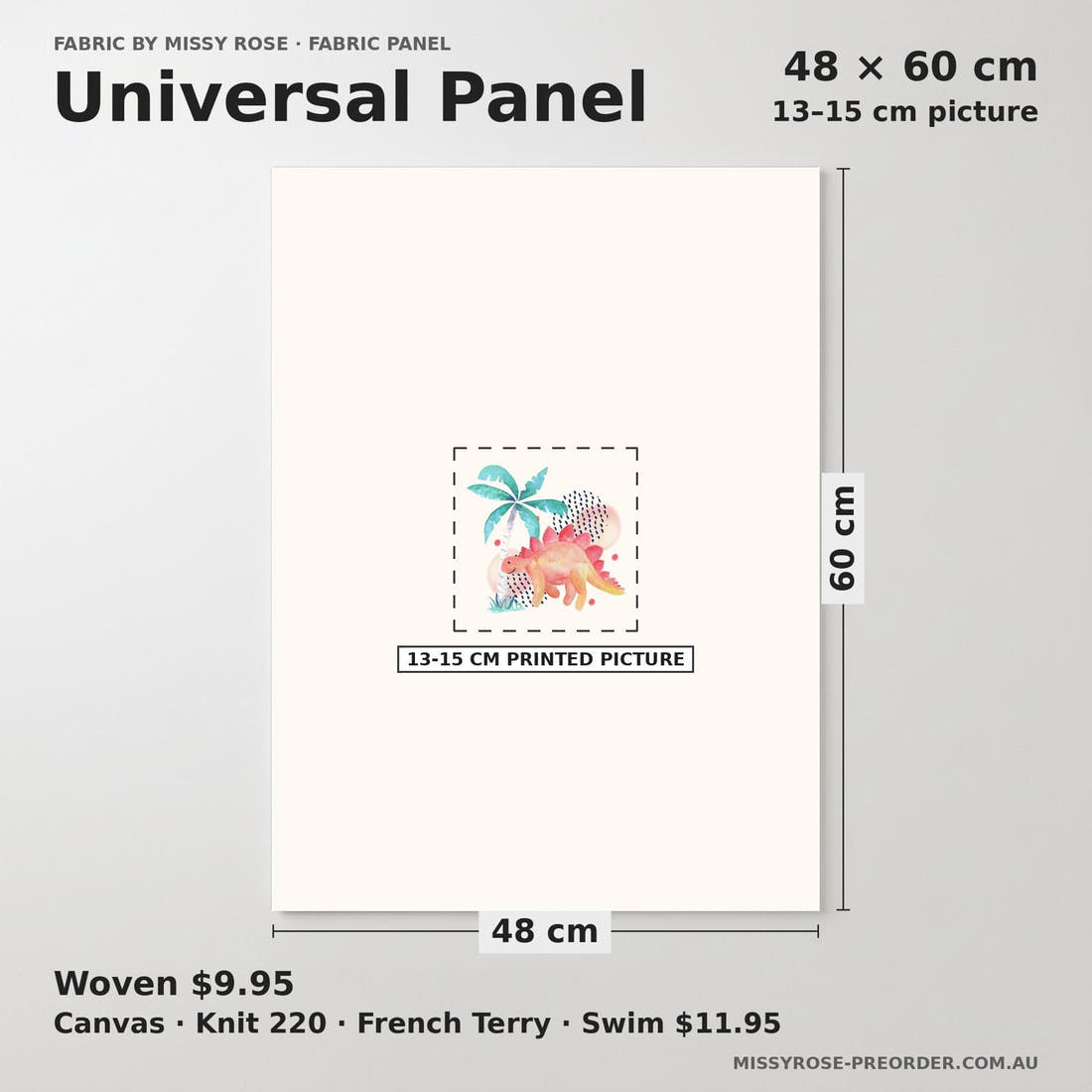 Design 1150 Watercolour Dinosaur Panel universal panel sizing – 13–15 cm printed picture on 48 × 60 cm fabric | Fabric by Missy Rose