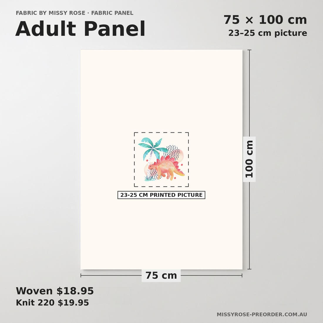 Design 1150 Watercolour Dinosaur Panel adult panel sizing – 23–25 cm printed picture on 75 × 100 cm fabric | Fabric by Missy Rose