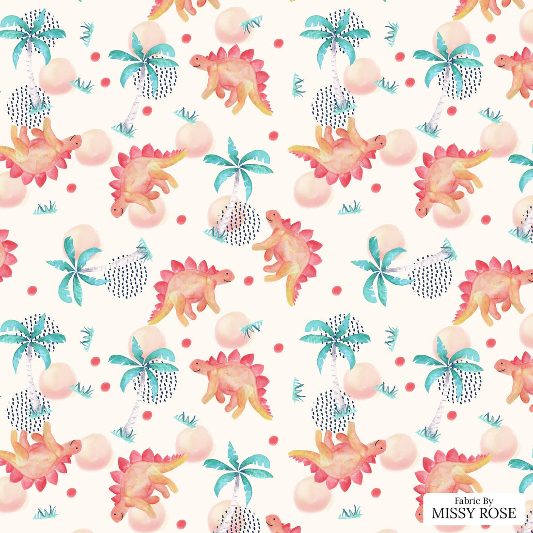 Design 1150 Watercolour Dinosaur Fabric – flat view of the print, zoom in for detail | Fabric by Missy Rose