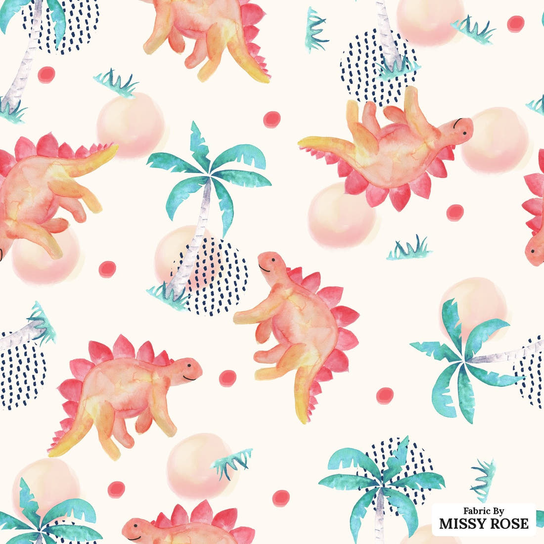 Design 1150 Watercolour Dinosaur Fabric – flat view of the print, zoom in for detail | Fabric by Missy Rose
