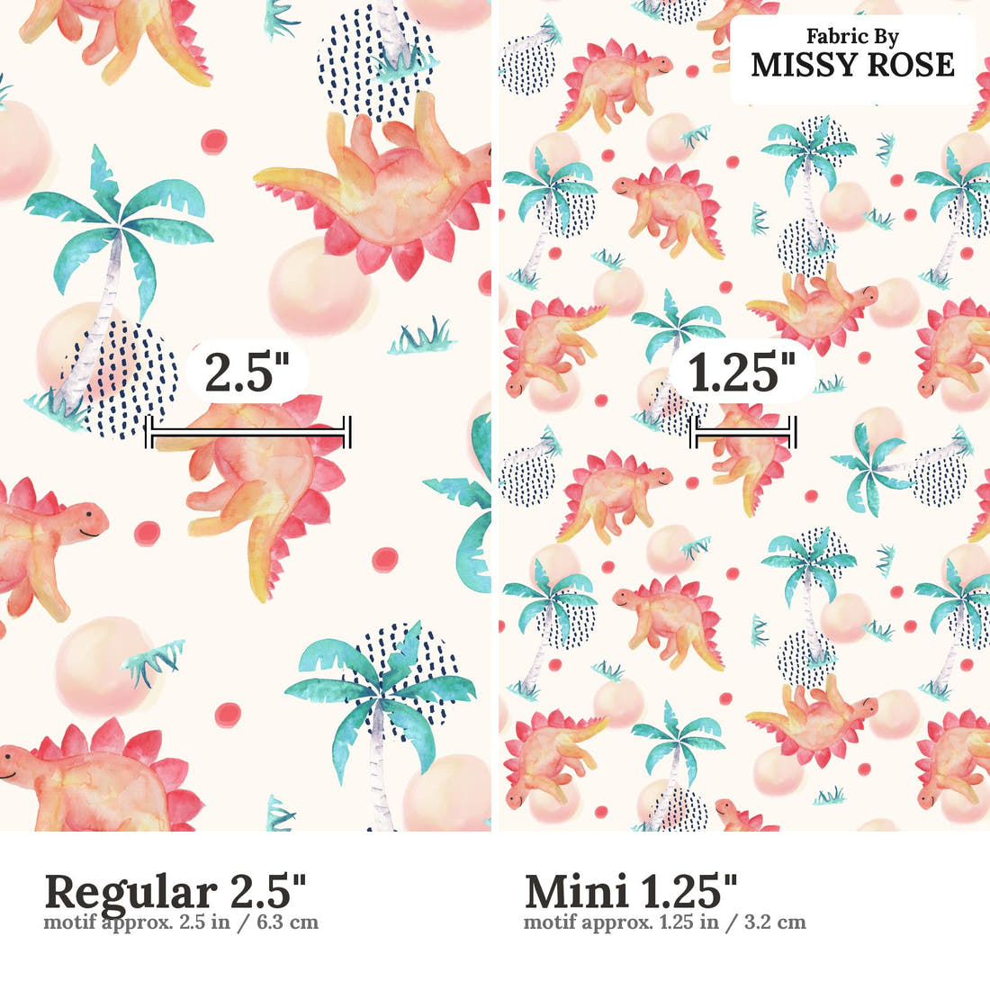Design 1150 Watercolour Dinosaur Fabric Regular 2.5 inch vs Mini 1.25 inch print scale side by side | Fabric by Missy Rose