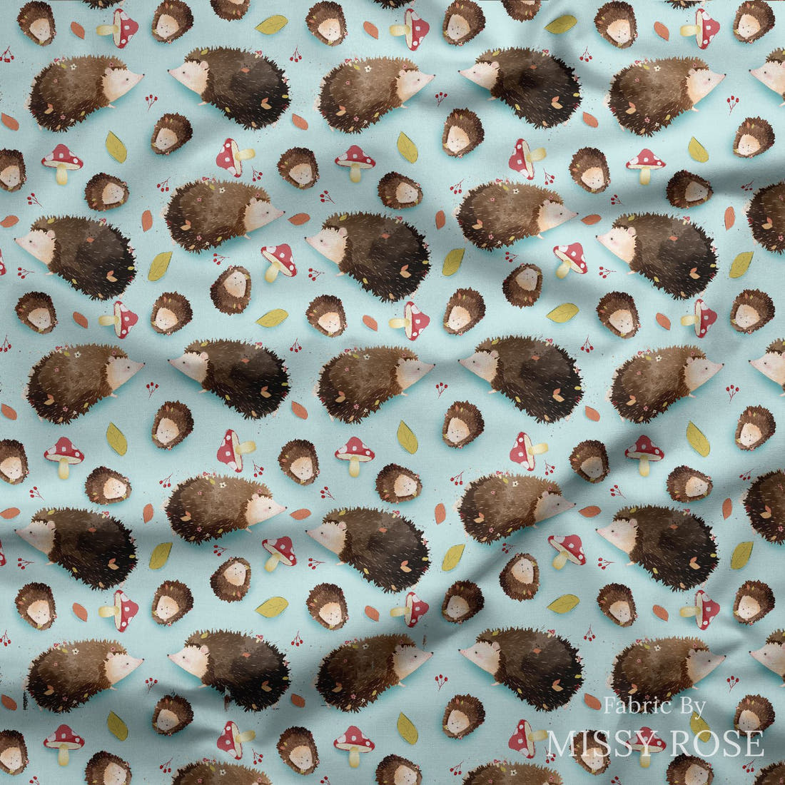 Design 1151 Blue Hedgehog Fabric draped fabric mockup – custom printed fabric by the metre | Fabric by Missy Rose
