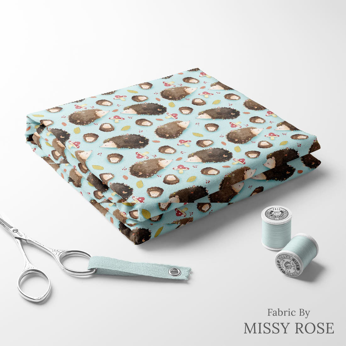 Design 1151 Blue Hedgehog Fabric folded fabric stack with matching thread – pre-order fabric Australia | Fabric by Missy Rose