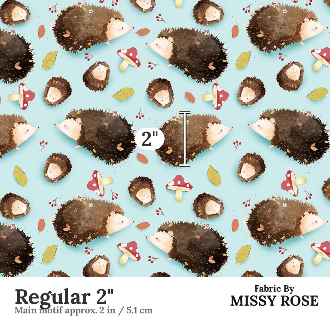 Design 1151 Blue Hedgehog Fabric Regular 2 inch print scale guide | Fabric by Missy Rose
