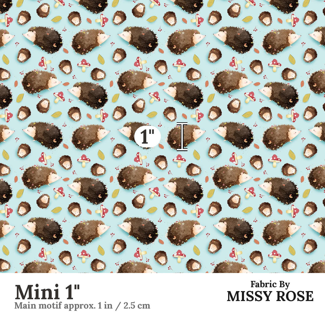 Design 1151 Blue Hedgehog Fabric Mini 1 inch print scale guide | Fabric by Missy Rose