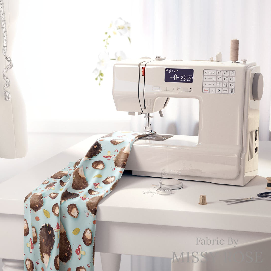 Design 1151 Blue Hedgehog Fabric on a sewing machine – premium fabric for sewing projects | Fabric by Missy Rose
