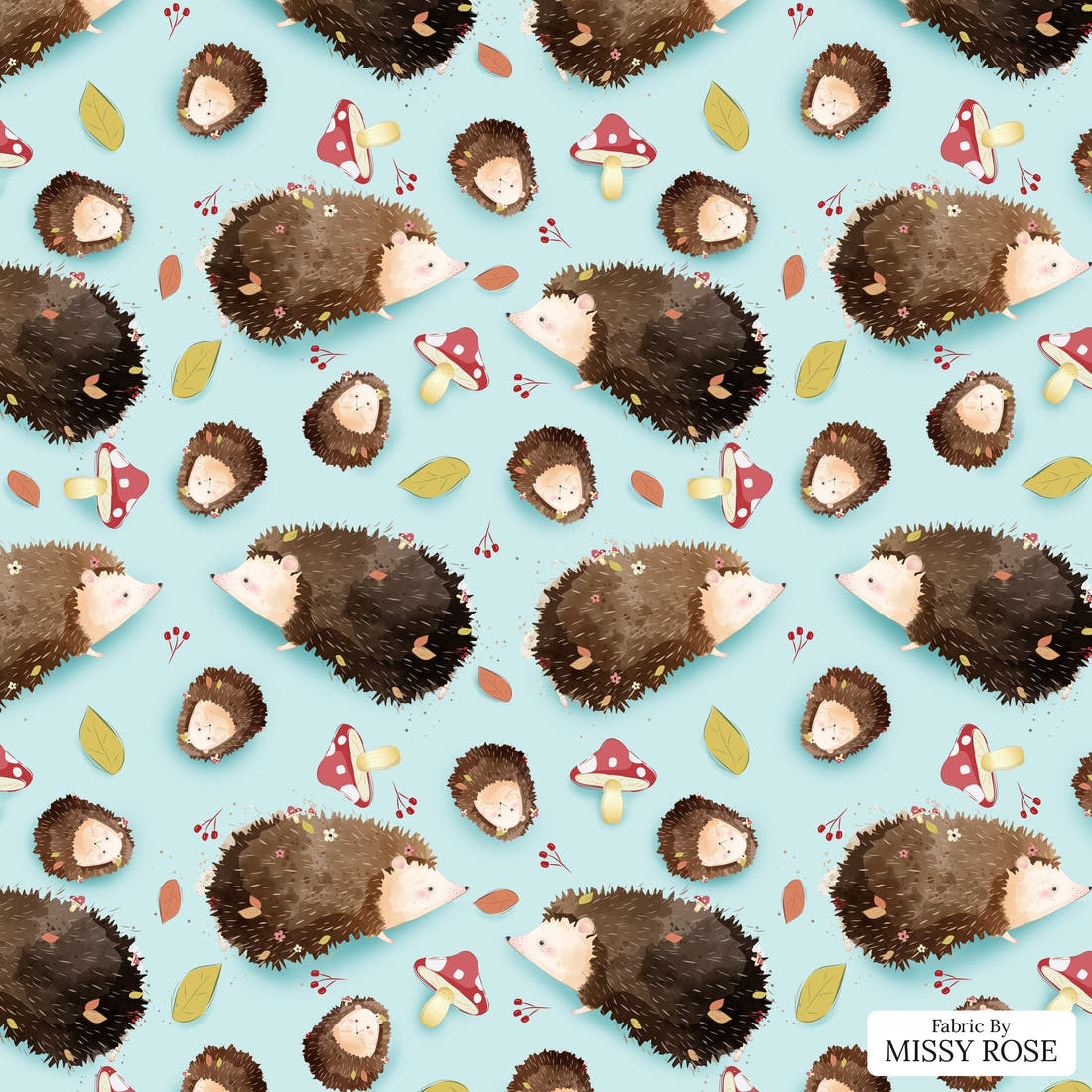 Design 1151 Blue Hedgehog Fabric – flat view of the print, zoom in for detail | Fabric by Missy Rose