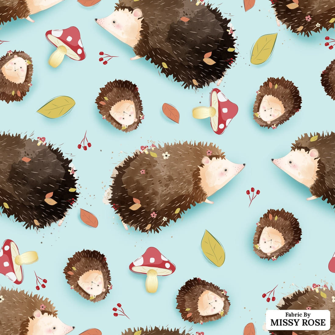 Design 1151 Blue Hedgehog Fabric – flat view of the print, zoom in for detail | Fabric by Missy Rose