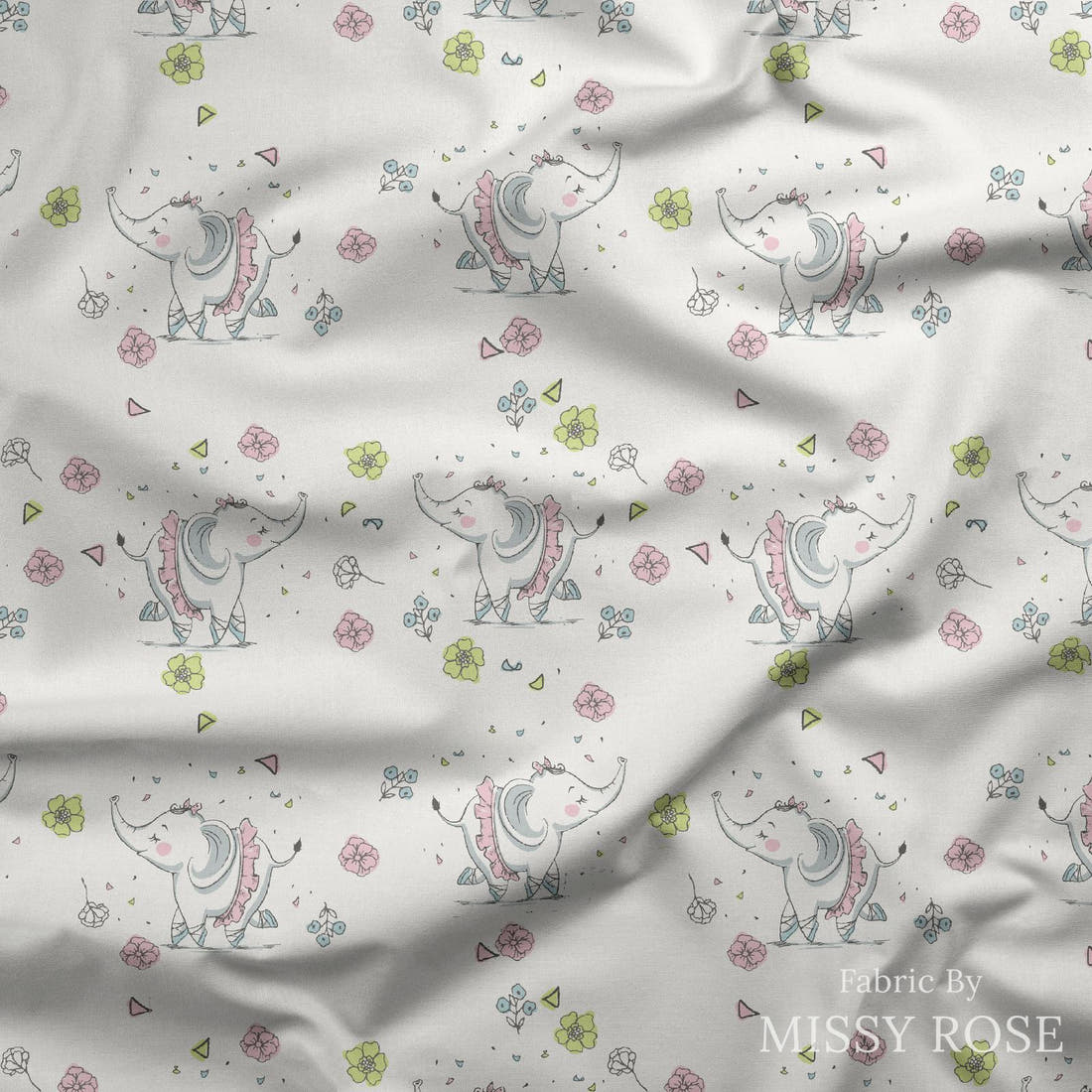 Design 1152 Ballerina Elephant Fabric draped fabric mockup – custom printed fabric by the metre | Fabric by Missy Rose