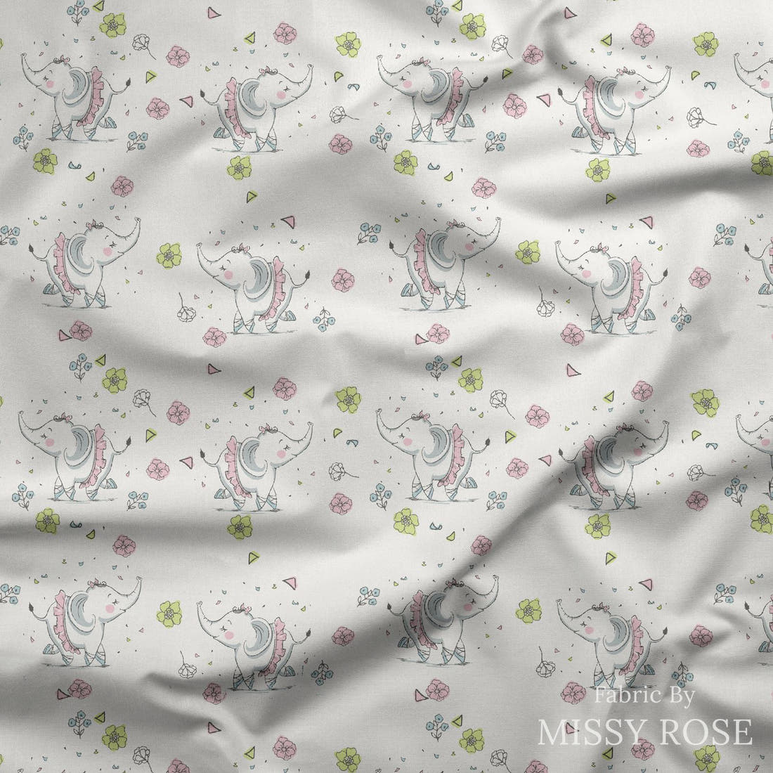 Design 1152 Ballerina Elephant Fabric draped fabric mockup – custom printed fabric by the metre | Fabric by Missy Rose