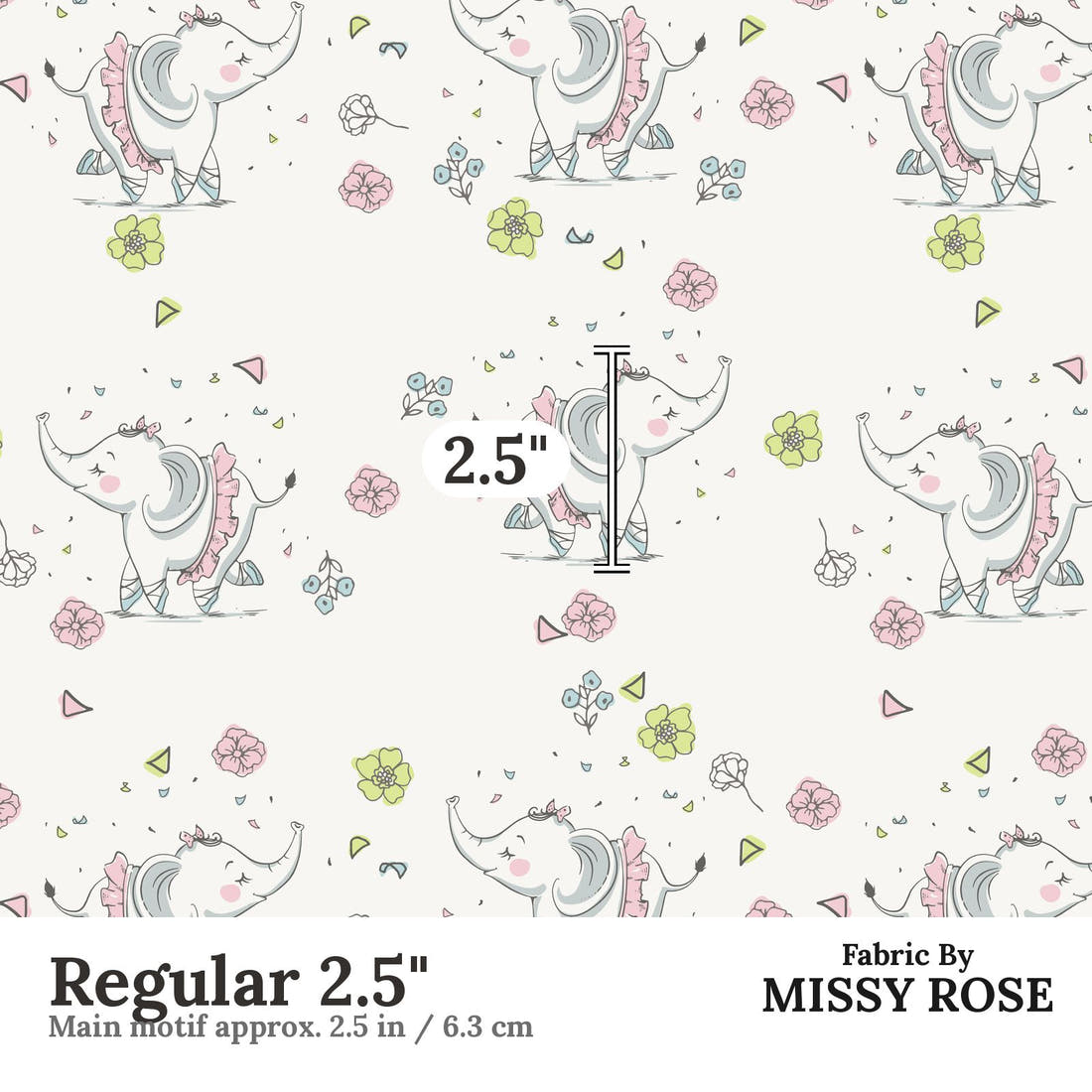 Design 1152 Ballerina Elephant Fabric Regular 2.5 inch print scale guide | Fabric by Missy Rose