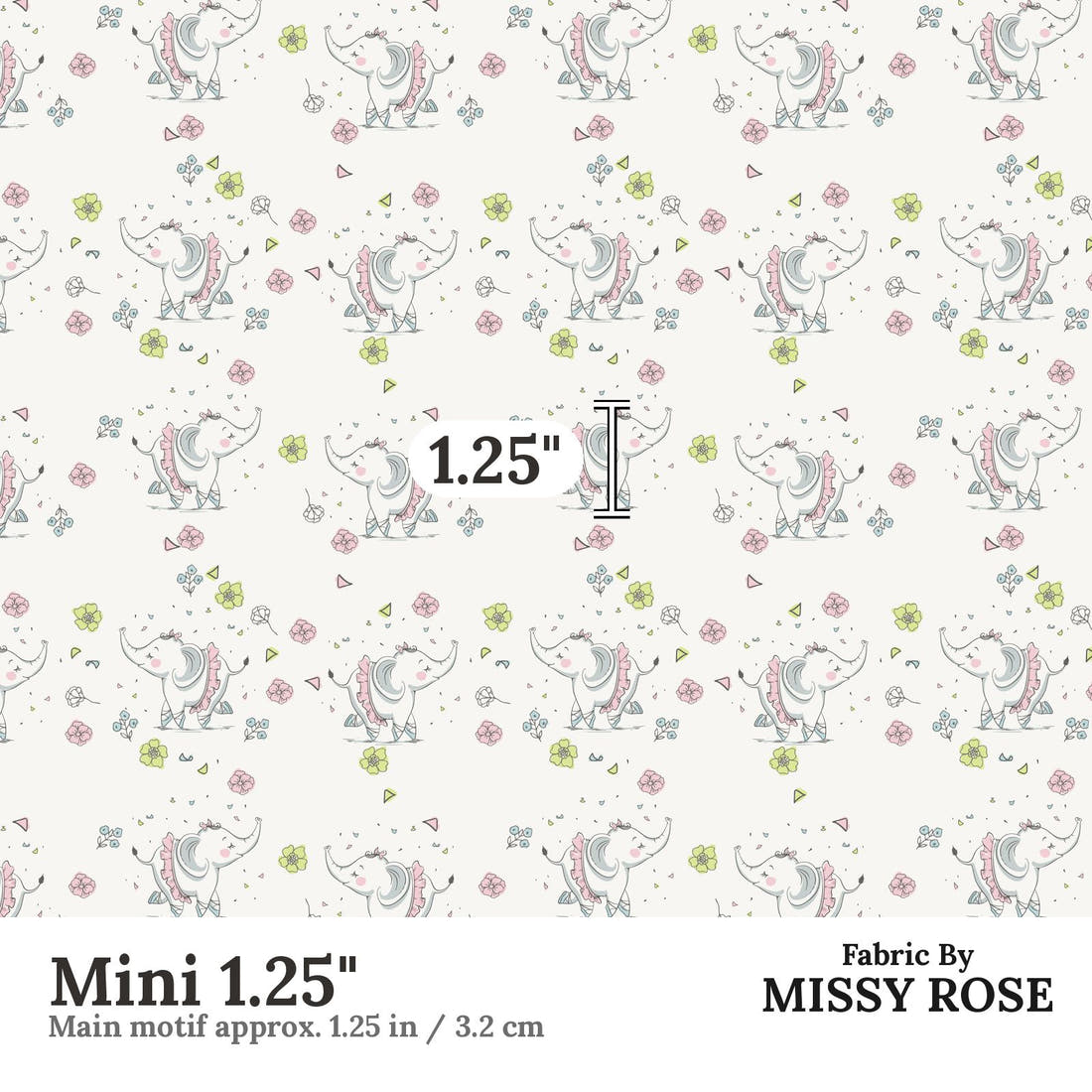 Design 1152 Ballerina Elephant Fabric Mini 1.25 inch print scale guide | Fabric by Missy Rose