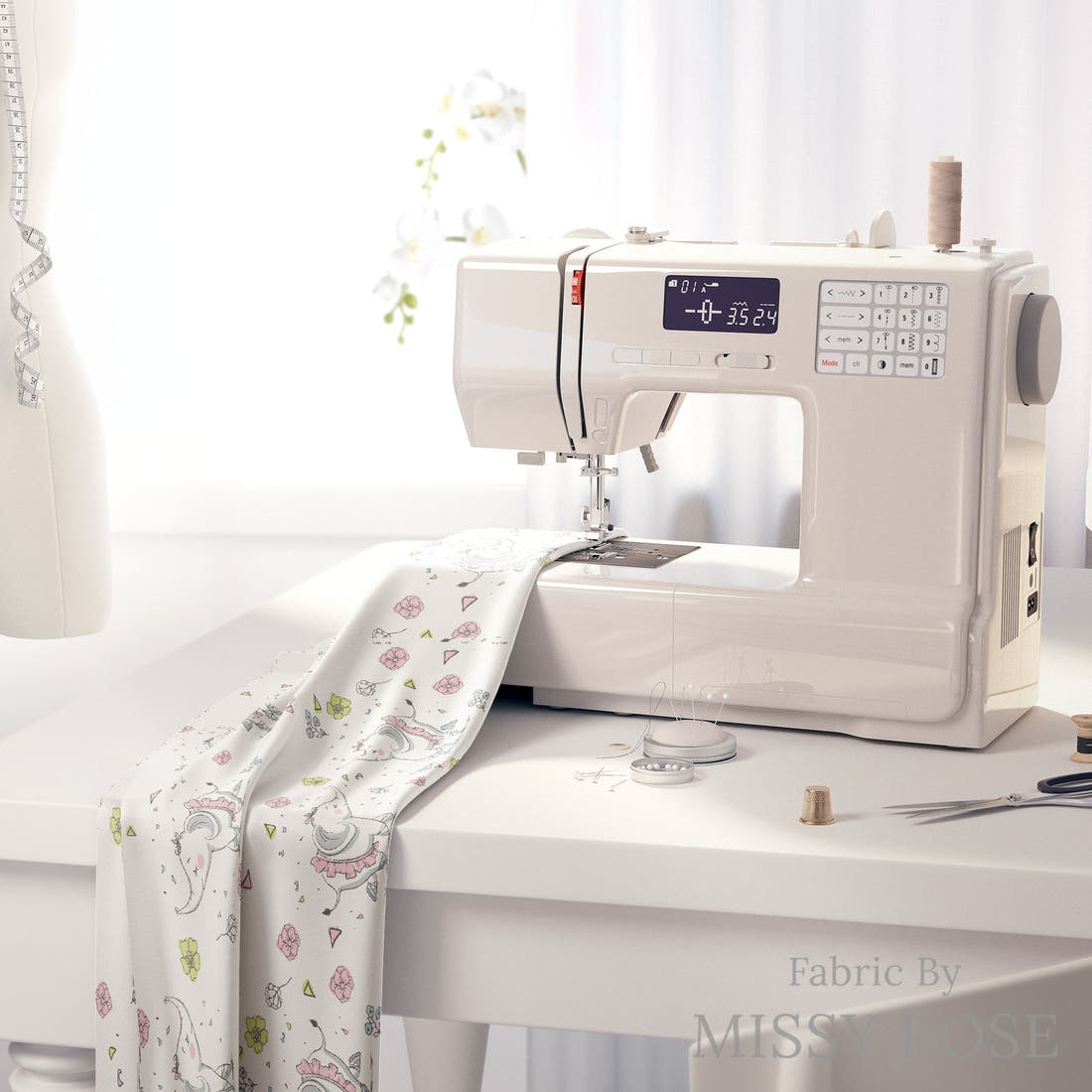 Design 1152 Ballerina Elephant Fabric on a sewing machine – premium fabric for sewing projects | Fabric by Missy Rose