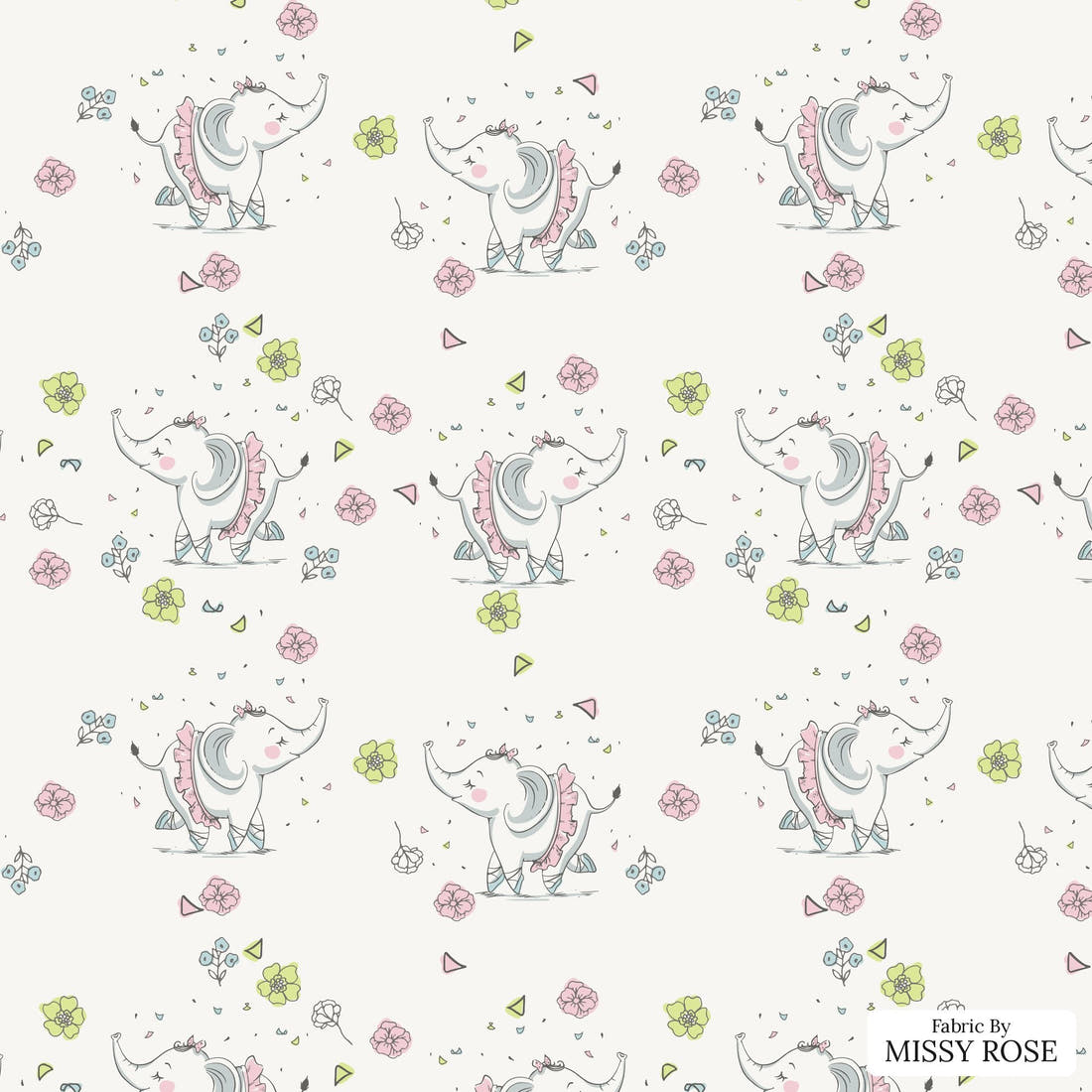 Design 1152 Ballerina Elephant Fabric – flat view of the print, zoom in for detail | Fabric by Missy Rose