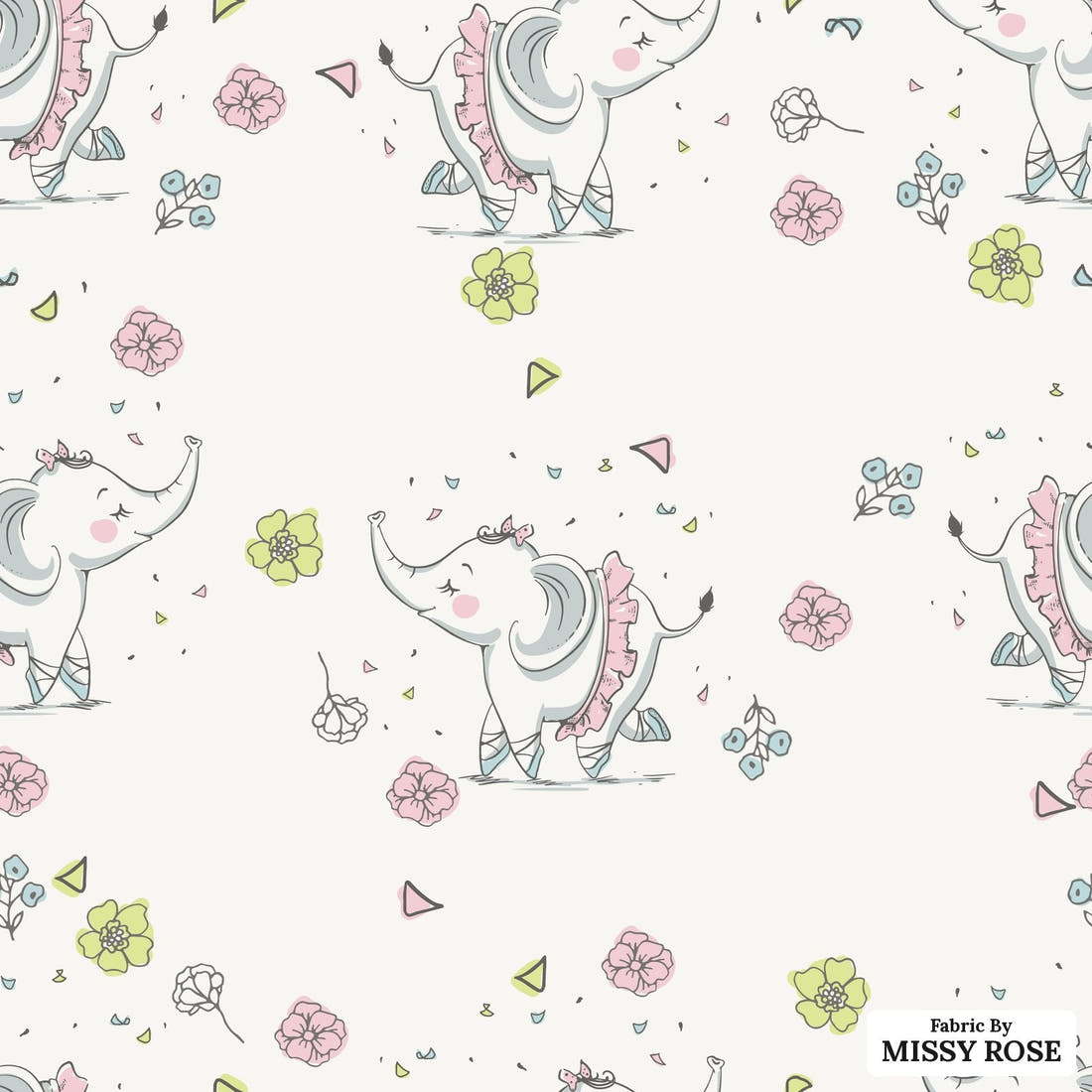 Design 1152 Ballerina Elephant Fabric – flat view of the print, zoom in for detail | Fabric by Missy Rose