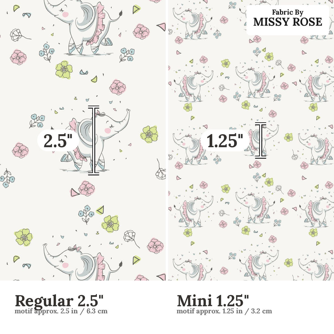 Design 1152 Ballerina Elephant Fabric Regular 2.5 inch vs Mini 1.25 inch print scale side by side | Fabric by Missy Rose