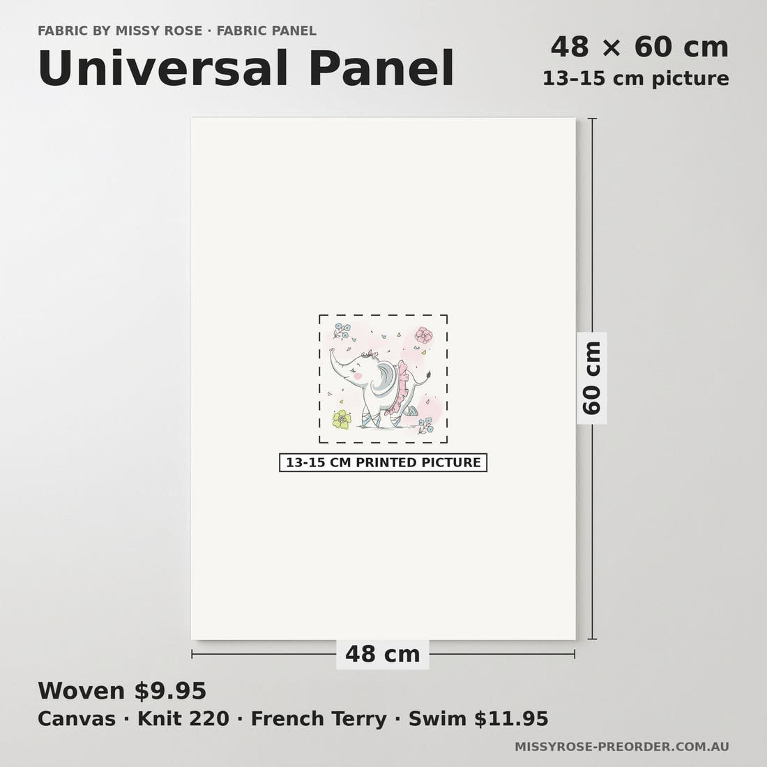Design 1152 Ballerina Elephant Panel universal panel sizing – 13–15 cm printed picture on 48 × 60 cm fabric | Fabric by Missy Rose
