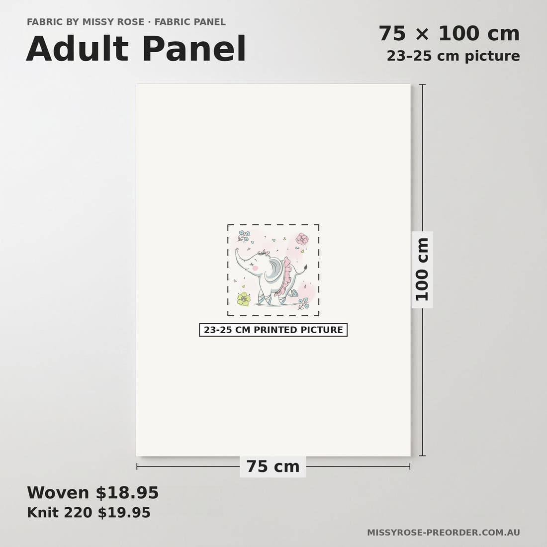 Design 1152 Ballerina Elephant Panel adult panel sizing – 23–25 cm printed picture on 75 × 100 cm fabric | Fabric by Missy Rose