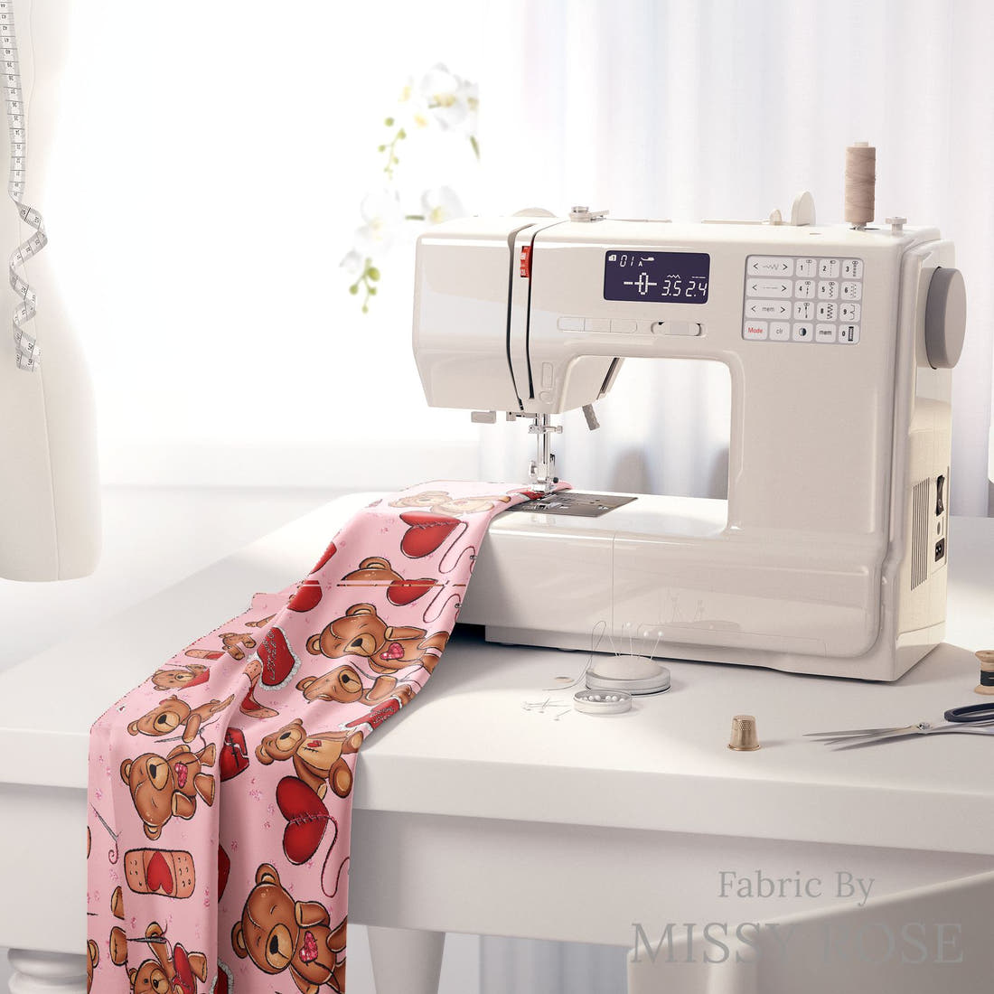 Design 1153 Heart Warrior Fabric on a sewing machine – premium fabric for sewing projects | Fabric by Missy Rose