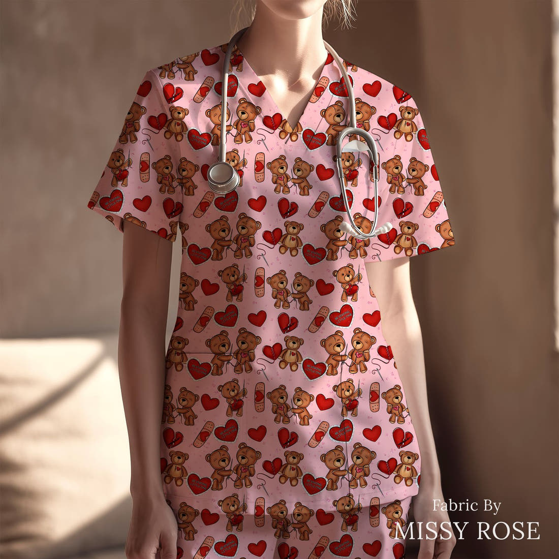 Design 1153 Heart Warrior Fabric sewn into a scrubs top – see how the print looks made up | Fabric by Missy Rose