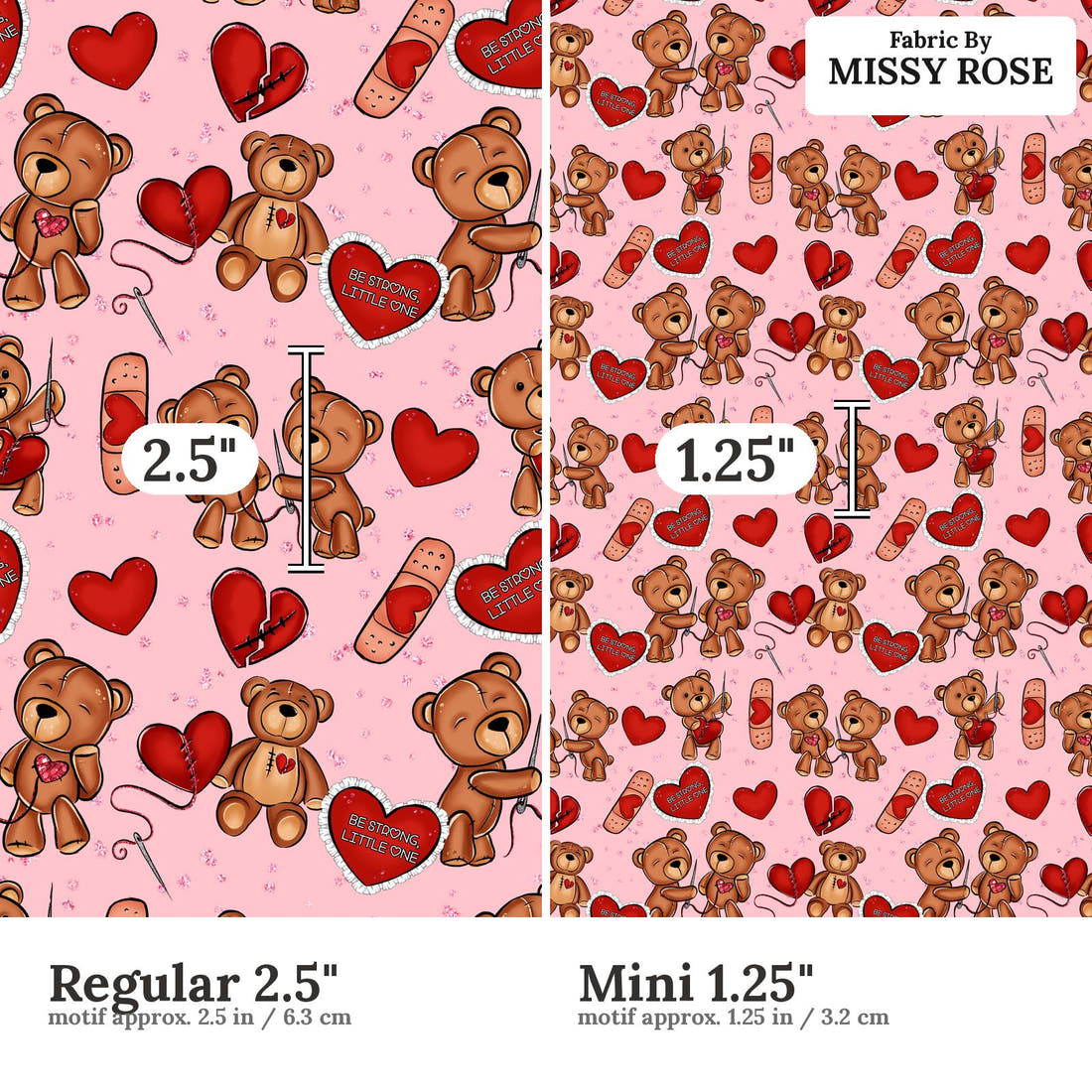 Design 1153 Heart Warrior Fabric Regular 2.5 inch vs Mini 1.25 inch print scale side by side | Fabric by Missy Rose