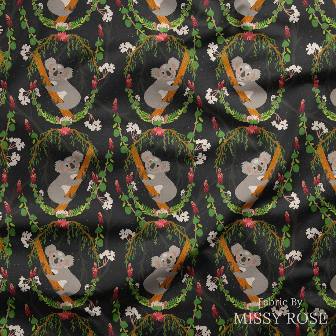 Design 1154 Black Koala Fabric draped fabric mockup – custom printed fabric by the metre | Fabric by Missy Rose