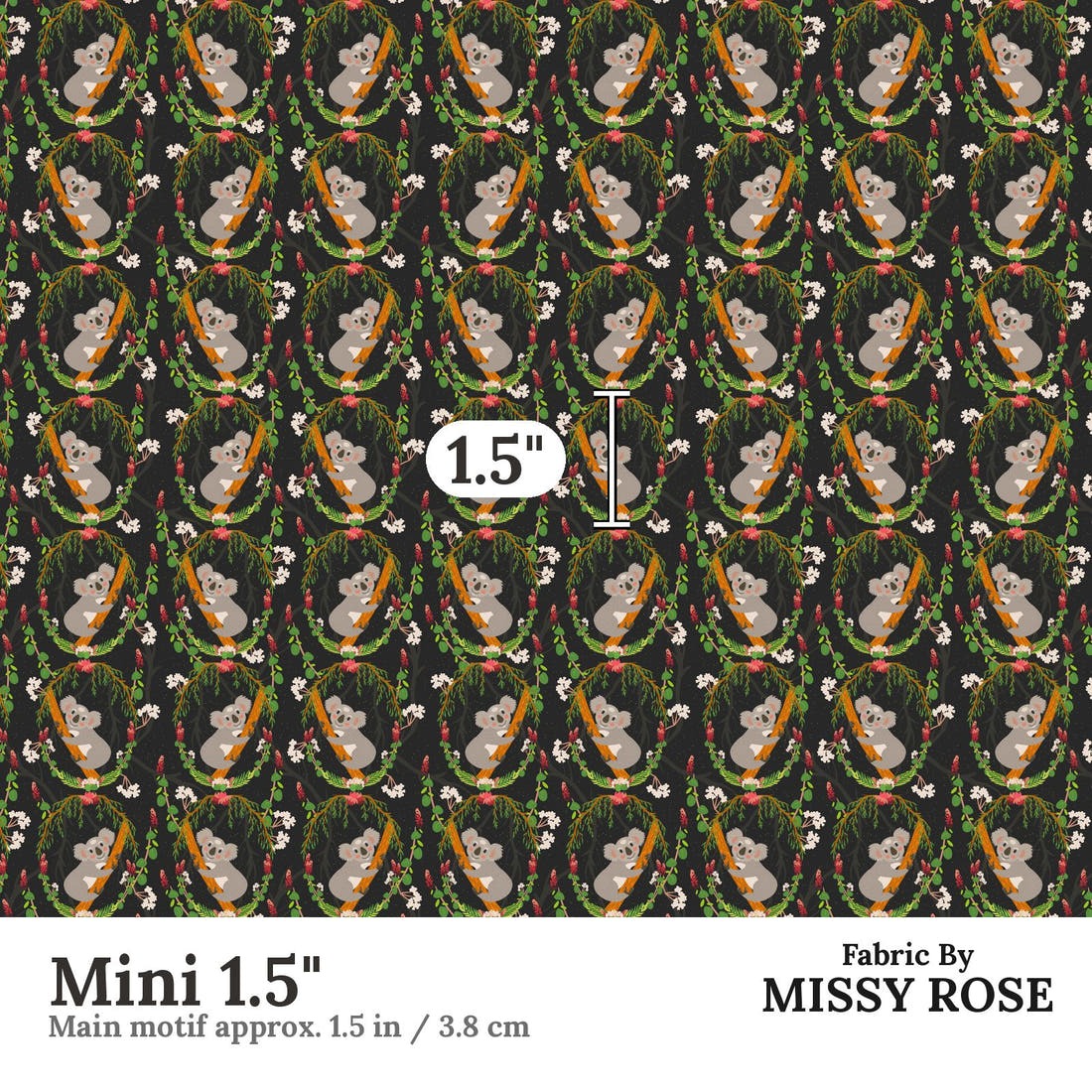 Design 1154 Black Koala Fabric Mini 1.5 inch print scale guide | Fabric by Missy Rose