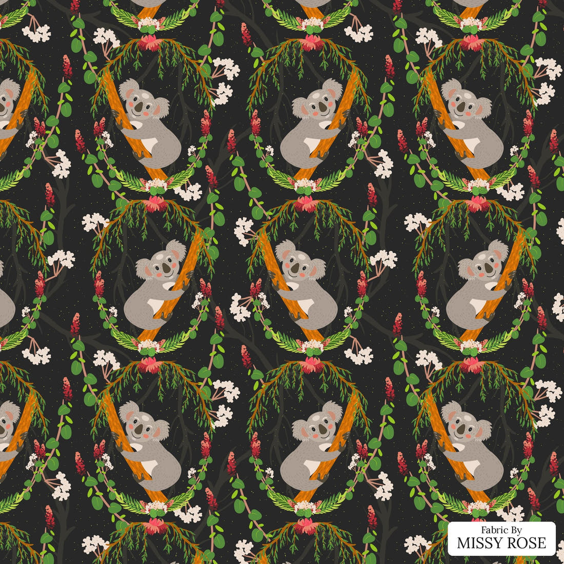 Design 1154 Black Koala Fabric – flat view of the print, zoom in for detail | Fabric by Missy Rose