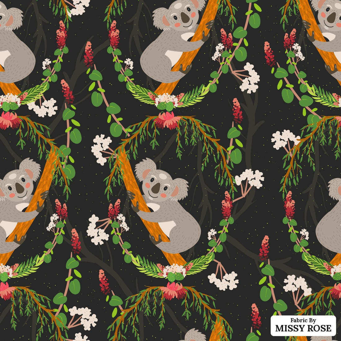 Design 1154 Black Koala Fabric – flat view of the print, zoom in for detail | Fabric by Missy Rose