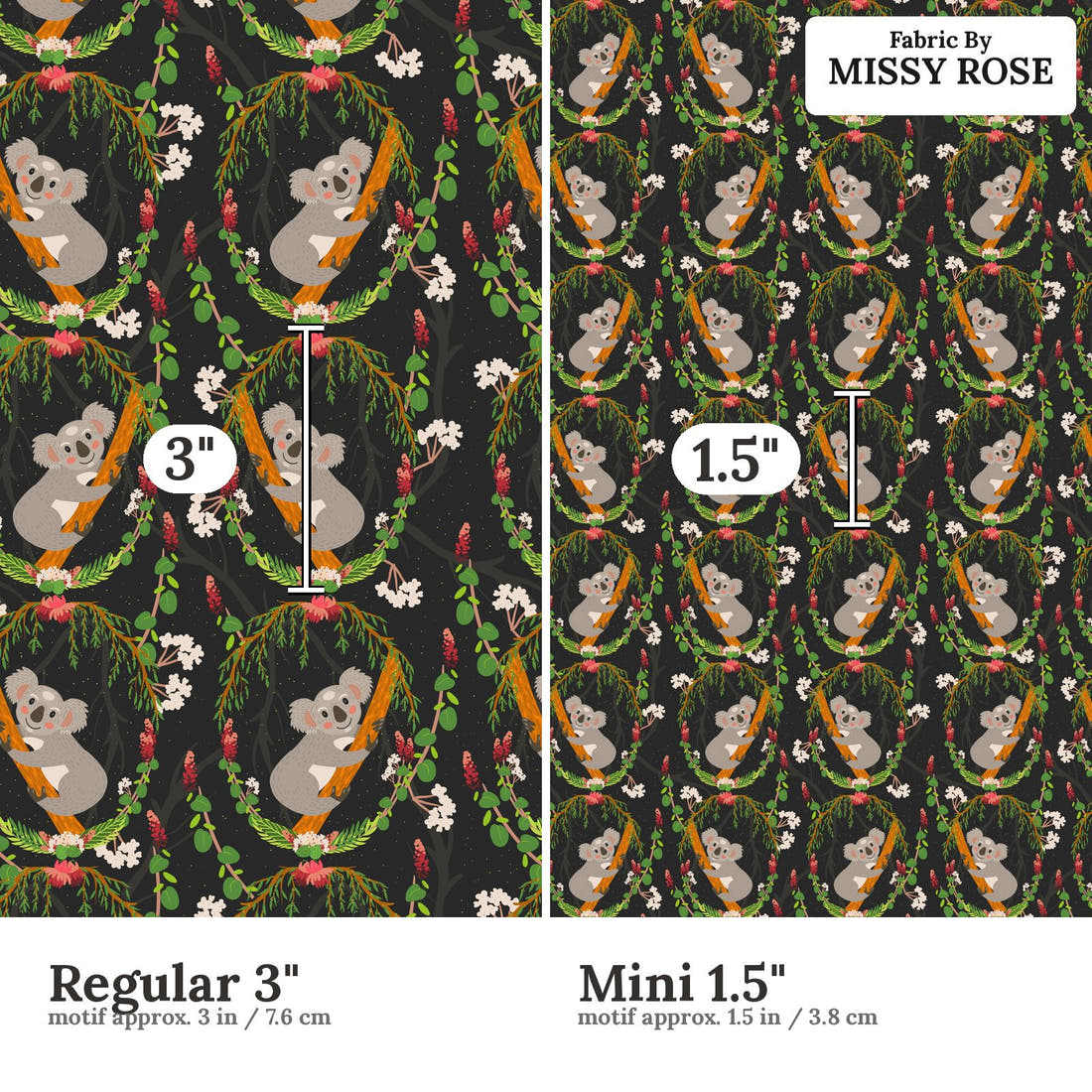 Design 1154 Black Koala Fabric Regular 3 inch vs Mini 1.5 inch print scale side by side | Fabric by Missy Rose