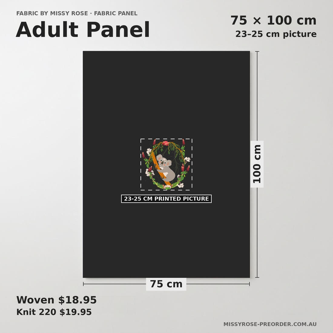 Design 1154 Black Koala Panel adult panel sizing – 23–25 cm printed picture on 75 × 100 cm fabric | Fabric by Missy Rose