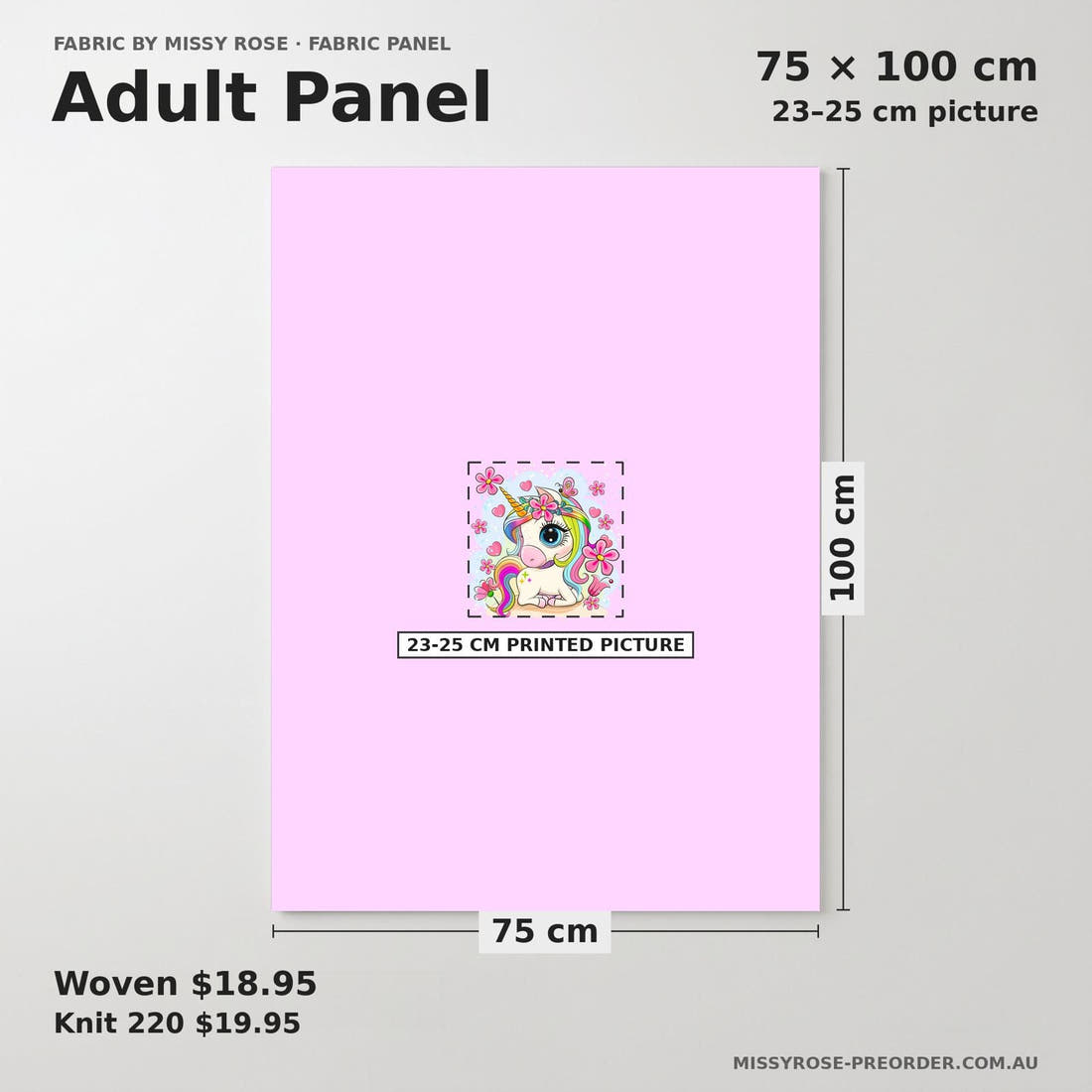 Design 1155 Pink Unicorn Panel adult panel sizing – 23–25 cm printed picture on 75 × 100 cm fabric | Fabric by Missy Rose
