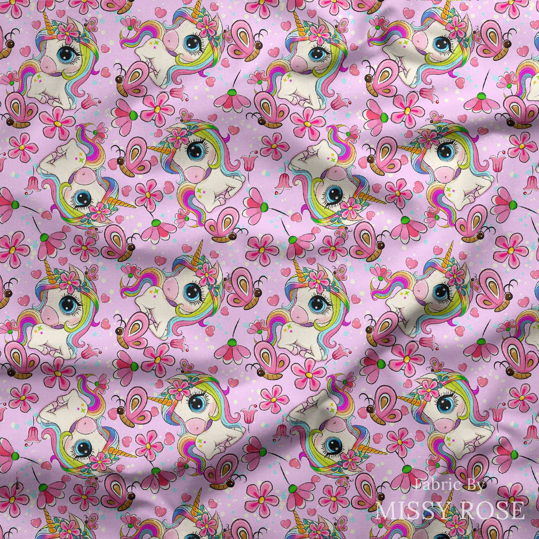 Design 1155 Pink Unicorn Fabric draped fabric mockup – custom printed fabric by the metre | Fabric by Missy Rose