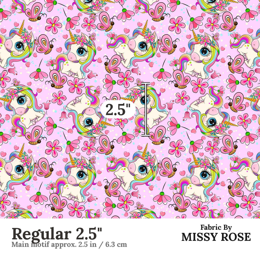 Design 1155 Pink Unicorn Fabric Regular 2.5 inch print scale guide | Fabric by Missy Rose