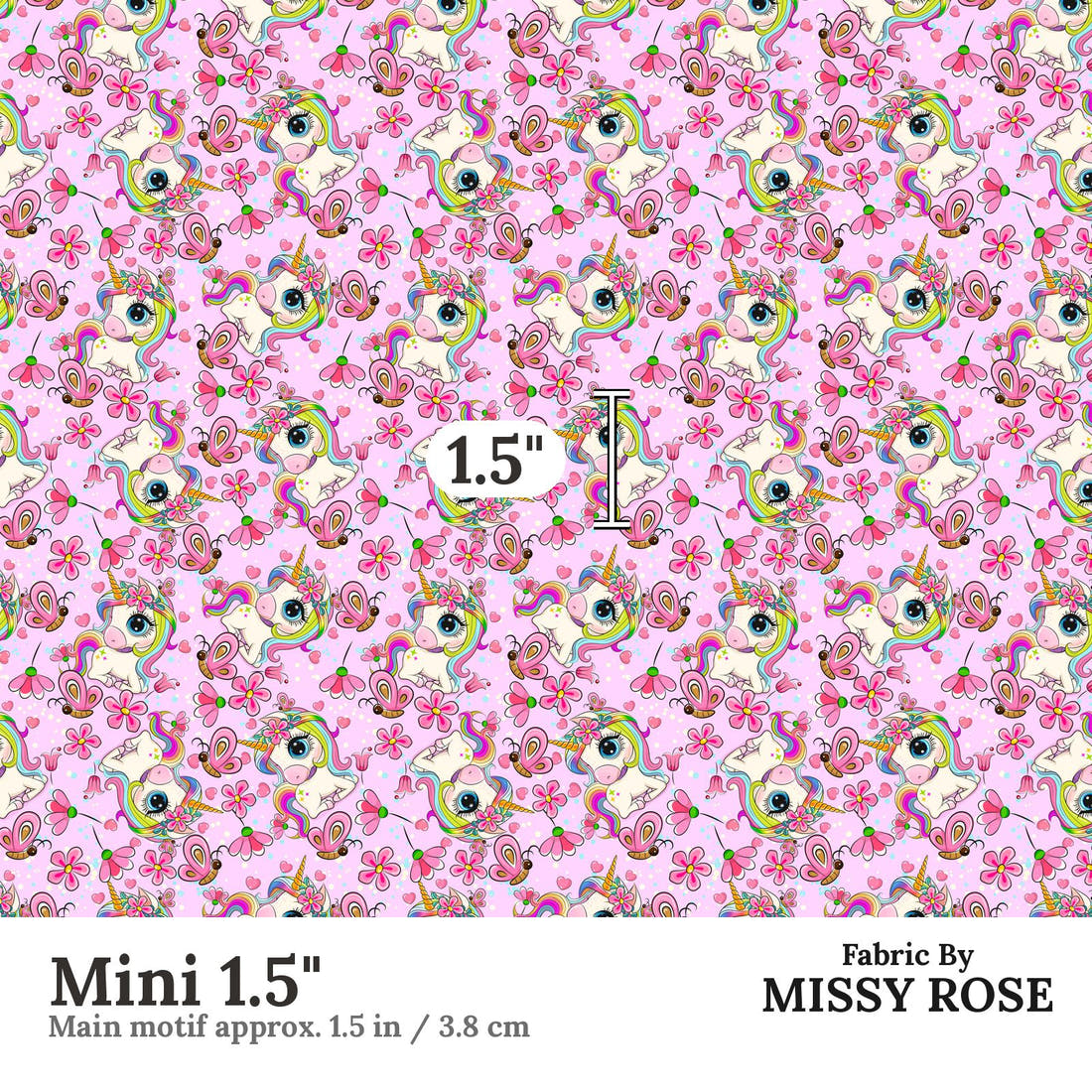 Design 1155 Pink Unicorn Fabric Mini 1.5 inch print scale guide | Fabric by Missy Rose