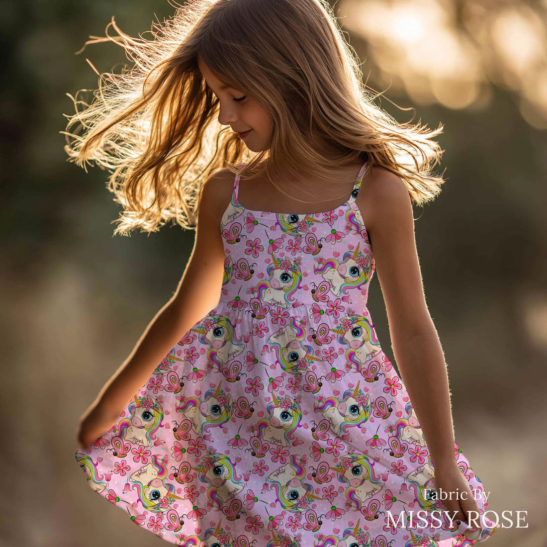 Design 1155 Pink Unicorn Fabric sewn into a girls' dress – see how the print looks made up | Fabric by Missy Rose