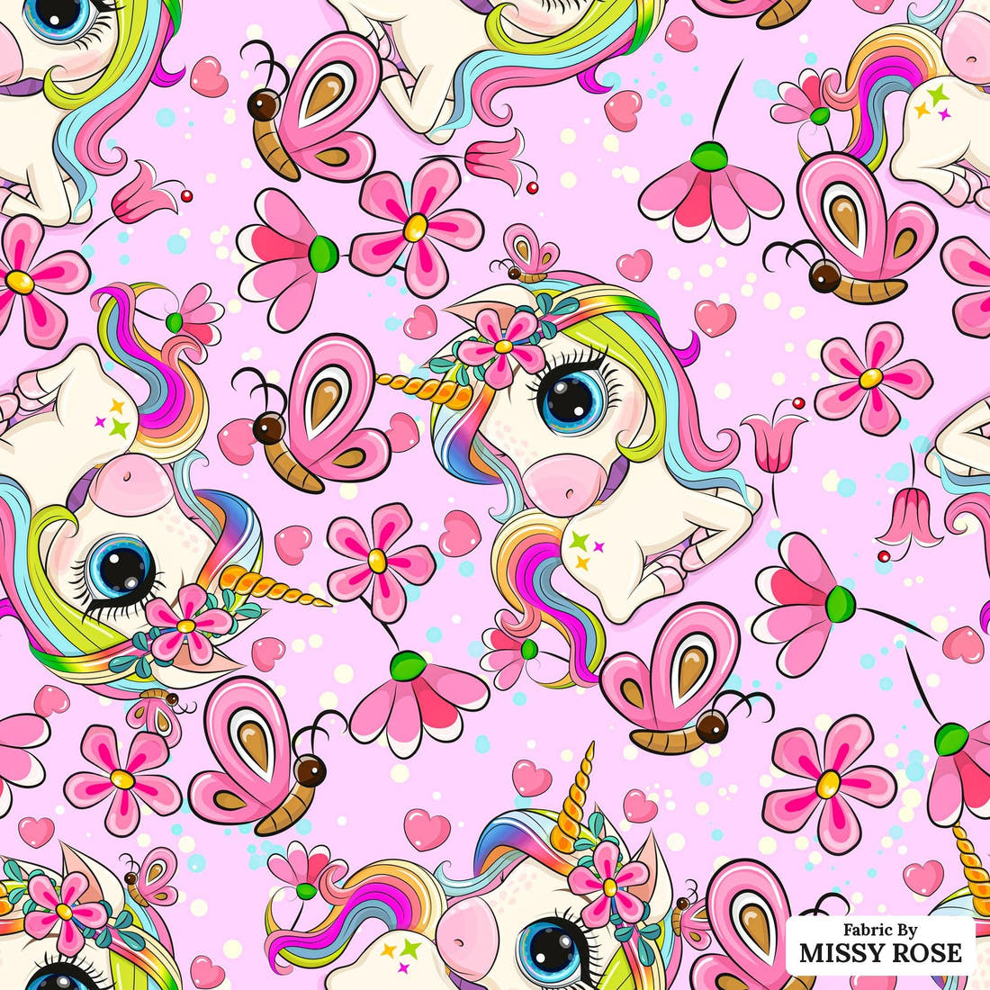 Design 1155 Pink Unicorn Fabric – flat view of the print, zoom in for detail | Fabric by Missy Rose