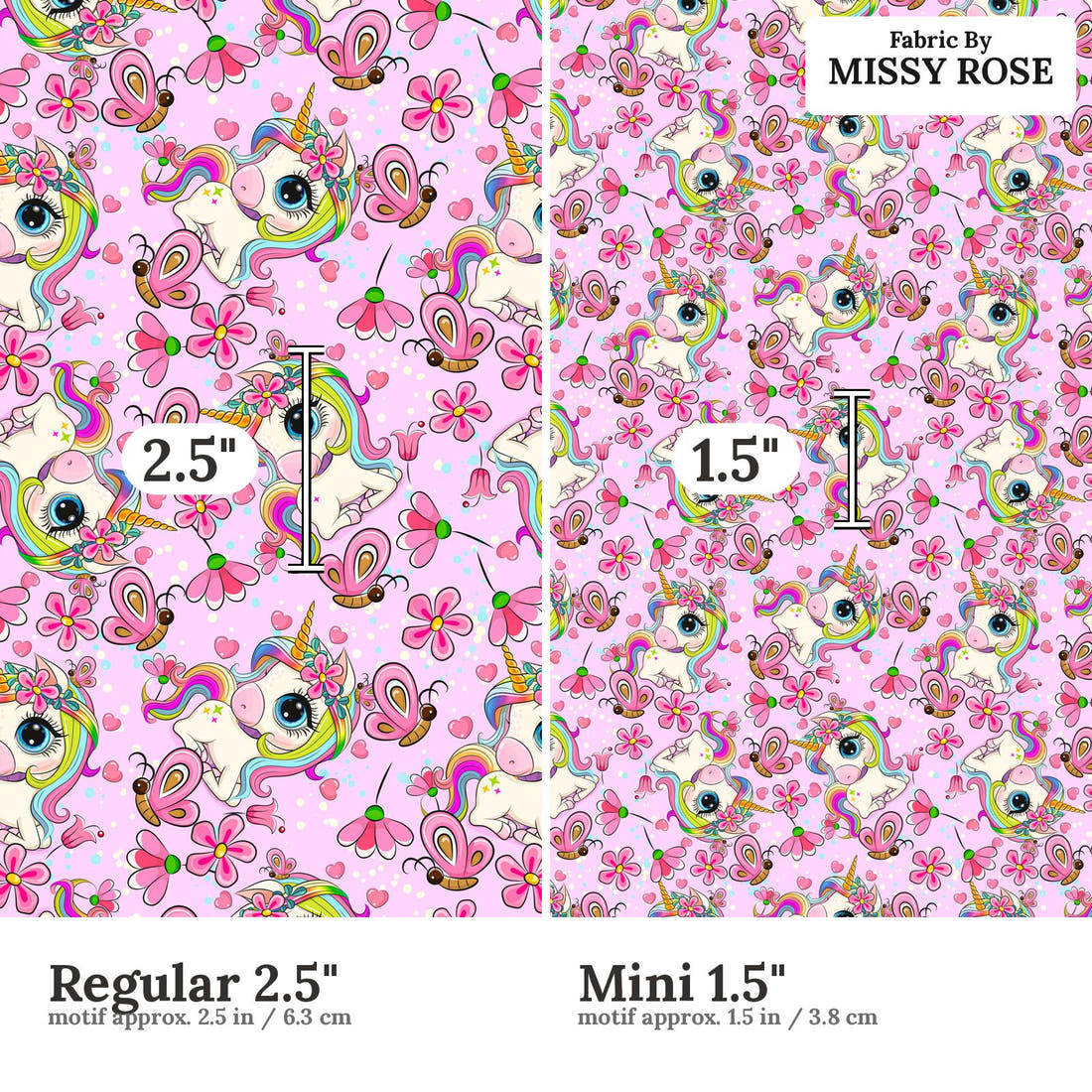 Design 1155 Pink Unicorn Fabric Regular 2.5 inch vs Mini 1.5 inch print scale side by side | Fabric by Missy Rose