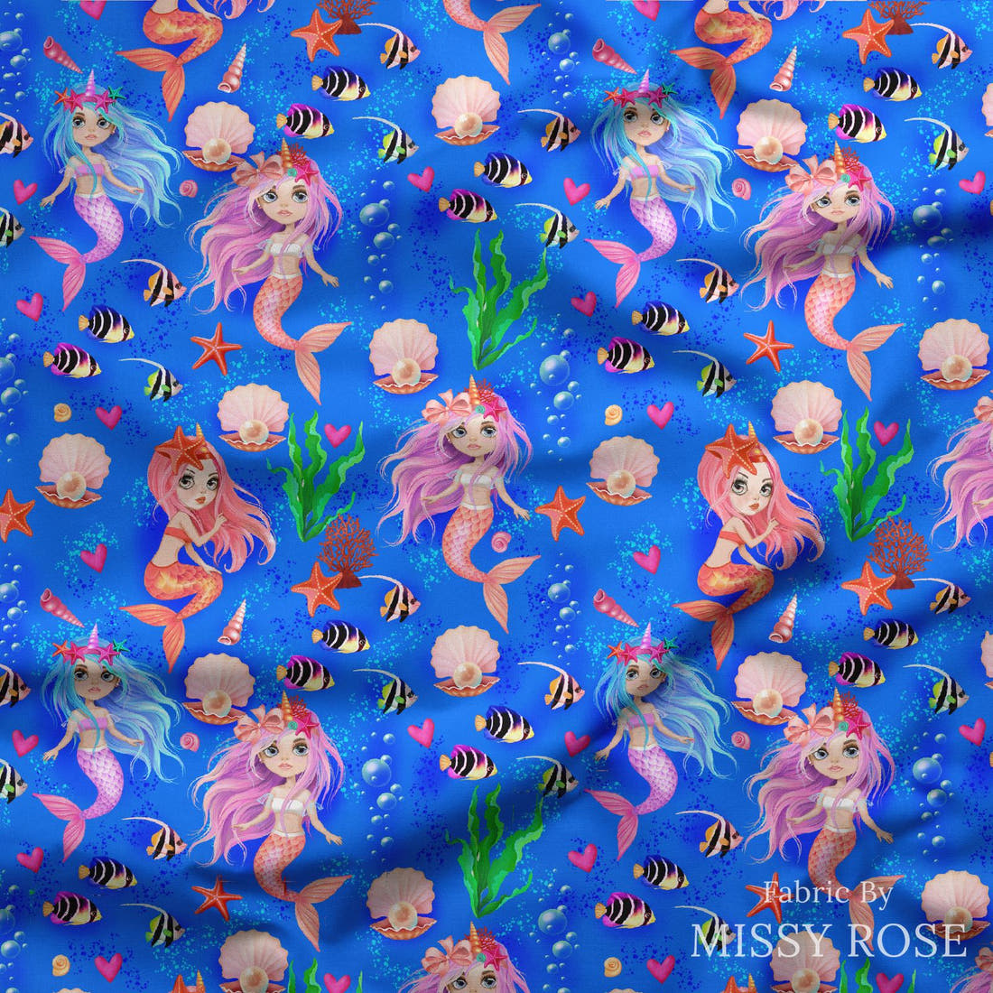 Design 1156 Mermaid Fabric draped fabric mockup – custom printed fabric by the metre | Fabric by Missy Rose