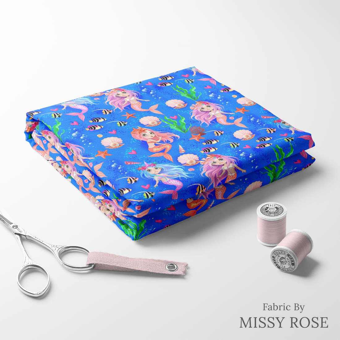 Design 1156 Mermaid Fabric folded fabric stack with matching thread – pre-order fabric Australia | Fabric by Missy Rose