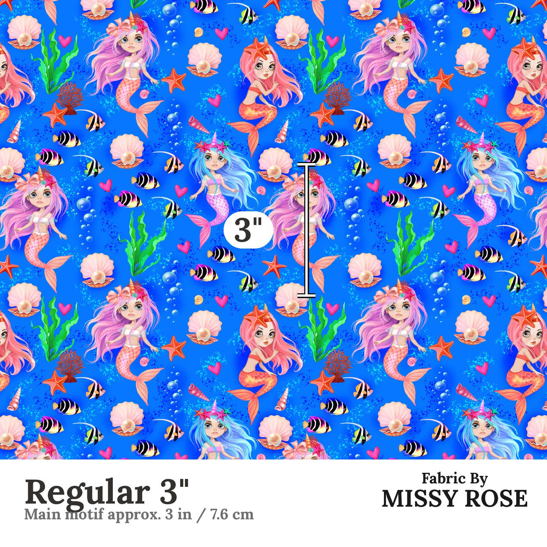 Design 1156 Mermaid Fabric Regular 3 inch print scale guide | Fabric by Missy Rose