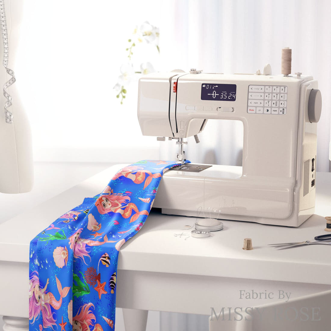 Design 1156 Mermaid Fabric on a sewing machine – premium fabric for sewing projects | Fabric by Missy Rose