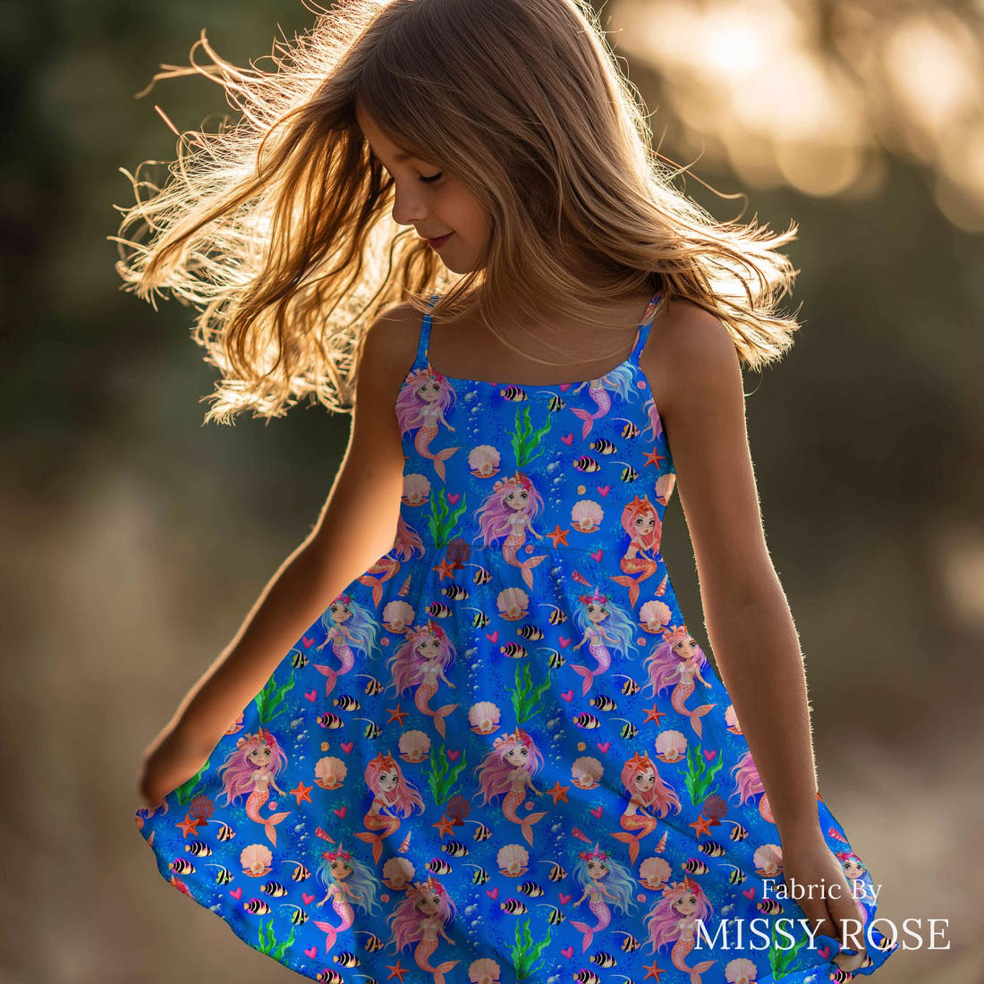 Design 1156 Mermaid Fabric sewn into a girls' dress – see how the print looks made up | Fabric by Missy Rose